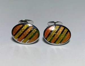 David Donahue Sterling Silver Guilloche Enamel Oval Cufflinks - Orange & Yellow - Picture 1 of 8