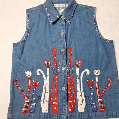 Chaleco Denim De Colección DRESSBARN Divertido Estilo de Vida Talla L Azul Bordado Amantes de los Gatos Novedad Foto 1 de 4