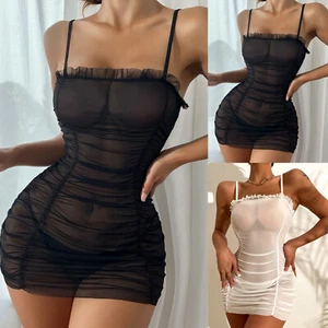 Women Ruched Frill Trim Sheer Mesh Dress Slips With Thong Pants Mini Casual - Picture 1 of 30