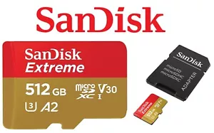 Carte microSDXC SanDisk 512G Extreme A2 V30 UHS-I U3 190 Mo/s SDSQXAV-512G-GN6MA - Photo 1 sur 4