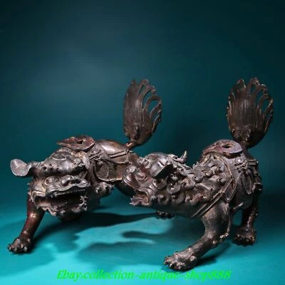 Par de estatua de león guardián perro foo fu dragón fengshui dorado bronce chino antiguo de 10" Foto 1 de 4