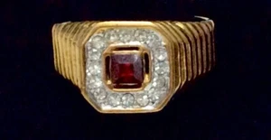 VTG. Men's Square Lab Simulated Ruby Surrounded by Faux Diamonds Gold-Tone Ring - Picture 1 of 8