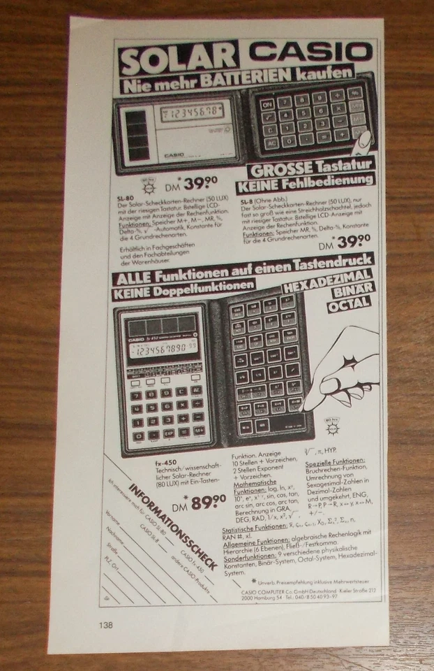 Seltene Werbung vintage CASIO SL-80 FX-450 Solar Taschenrechner 1983 - Image 1 of 1
