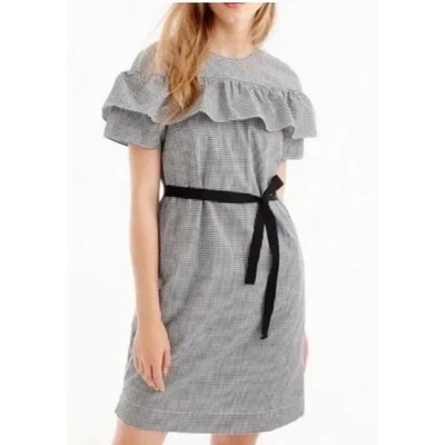 Vestido para mujer J Crew negro blanco micro guinga con volantes en capas con cinturón talla 6 Foto 1 de 4