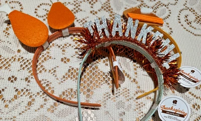 3 Thanksgiving Headbands: turkey drumsticks, pumpkin pie, “THANKFUL” - Image 1 of 3