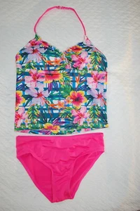 Girls Swimsuit 2 PC TANKINI SET Halter TROPICAL FLOWERS PLANTS Pink Multi XS 0-2 - Picture 1 of 2