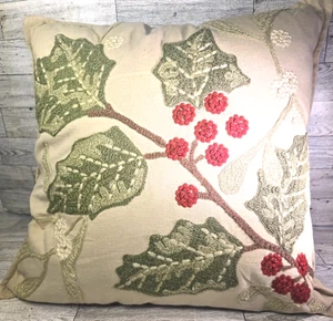 Pier 1 Throw Pillow Christmas Holiday With Embroidered Holly Berries Mistletoe - Picture 1 of 5