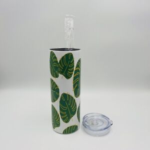 Monstera Tropical Leaf 20oz Skinny Tumbler Custom Made Gift with Plastic Straw