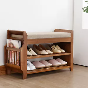 2 Tier Bamboo Shoe Rack Bench w/ Removable Cushion Entryway Organizer Shelf NEW - Picture 1 of 12