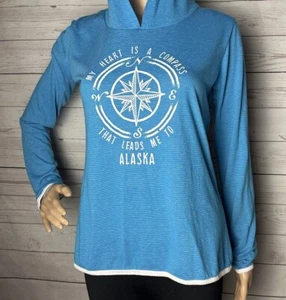My Heart Is A Compass That Leads Me To Alaska Hooded T-Shirt Small Blue White - Picture 1 of 13