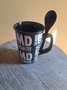 Ocean City, MD Coffee, Tea Souvenir Cup With Spoon Holder On Handle, B & W - Picture 1 of 3