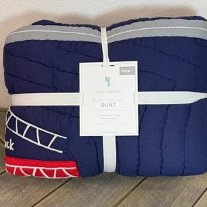 POTTERY BARN KIDS BUSY TRUCKS QUILT, TWIN ~ NAVY BLUE - Picture 1 of 8