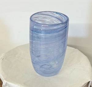 Hand Blown Art Glass Tumbler Blue White Swirl 5.5” Drinking Cup Studio Unique - Picture 1 of 7