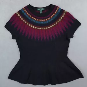 Ralph Lauren Sweater Fair Isle Peplum XS Cashmere Lambs Wool Short Sleeve Tunic - Picture 1 of 7