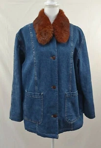 Womens Jean Jacket Coat XL Fur Collar Button Quilted Spi 25  - Picture 1 of 5