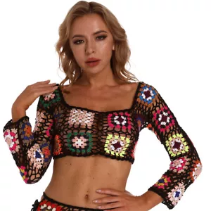 T-shirt donna estiva all'uncinetto manica lunga crop top copricostume nonna quadrata - Foto 1 di 6