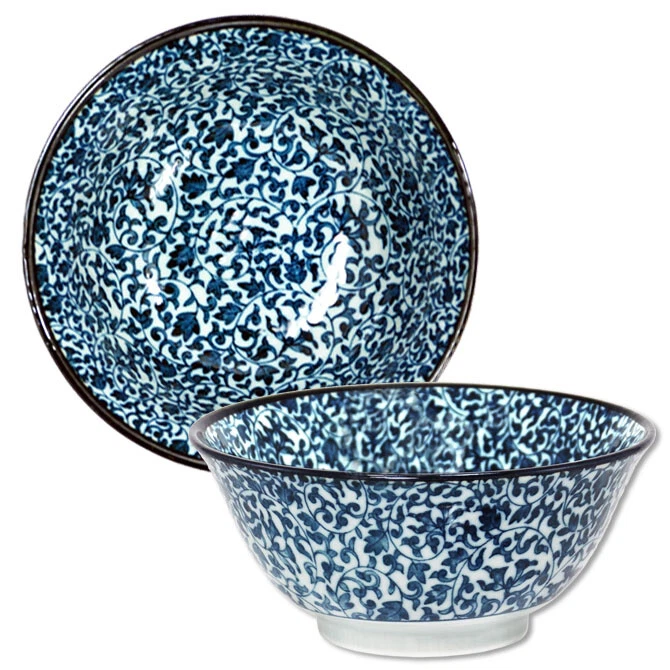 CONJUNTO de 2 tigelas de sopa de arroz japonês 6" porcelana azul cosomo Karakusa feita no Japão - Imagem 1 de 1