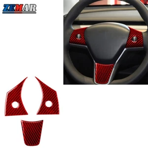 Red Carbon Fiber Steering Wheel Cover Sticker Trim For Tesla Model 3 Y 2017-2022 - Imagen 1 de 15