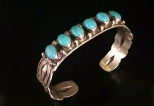 Unisex Native American Navajo Sterling Silver Turquoise Cuff Signed Jeff Largo - Picture 1 of 12