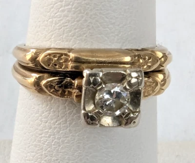 Estate 14k Yellow and White Gold Diamond Engagement Bridal Ring Set 1940s Vtg - Image 1 of 4