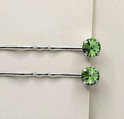 Handmade 2pc Hair/ Bobby Pins w/ Swarovski Crystal Peridot Chaton Stones; Green - Image 1 of 4