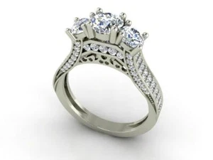 Stylish 3 Stone Engagement Ring Lab Grown Diamond VS F 1.50 Carat 14K Solid Gold - Picture 1 of 9