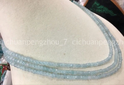 3 Rows Faceted Light Blue Aquamarine 2x4mm Rondelle Gems Beads Necklace 17-19'' - Image 1 of 3