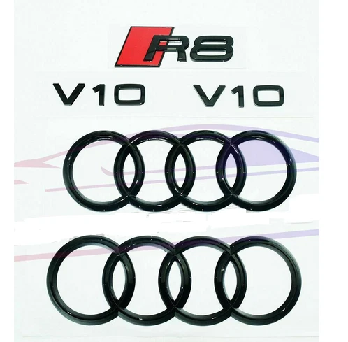 Nuevo Audi R8 Emblema Anillos Rejilla Capó Bota maletero Guardabarros Lateral V10 Insignias Negro Foto 1 de 1