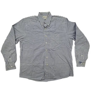 Cutter & Buck Shirt Mens Medium Button Down Striped Blue White CB Crest Logo - Picture 1 of 11