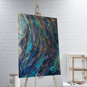 Mermaid – Acryl mit 3D-Goldkonturen und Netzstruktur auf 3mm Holzplatte 60x80 cm - Bild 1 von 5
