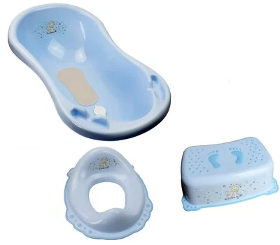 Baby Badeset Badewanne mit Abfluss Schemel Töpfchen Giraffe blau - Bild 1 von 4