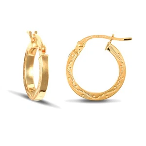 Ladies 9ct Gold Jewelco London Floral Engraved 2mm Hoop Earrings 13mm - Picture 1 of 4