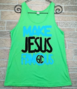 Vintage 90s Make Jesus Famous Tank Top XL Lime Sleeveless Religion NEON 50/50 USA - Bild 1 von 5