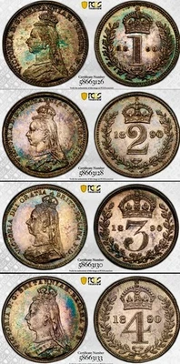 4 шт. 1890 Великобритания Victoria PCGS Prooflike Радужный Тонированный Серебряный Набор Maundy - Изображение 1 из 4
