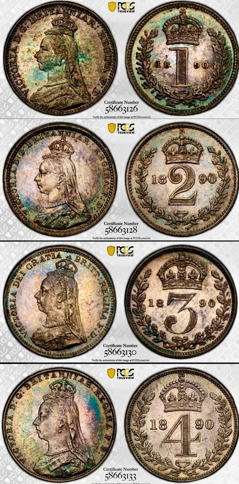 4 peças 1890 Grã-Bretanha Victoria PCGS Prooflike arco-íris tonificado prata conjunto Maundy - Imagem 1 de 4