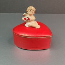 Lefton Heart Trinket Box Vtg Japan Cherub Angel Lid Red Ceramic Valentines #2818