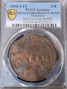 1858-T FL 8 Reales Honduras PCGS VF Detail KM-21a with HOND Very Low Population - Picture 1 of 5