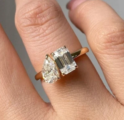 Emerald & Pear IGI Toi et Moi Her Ring 2TCW Lab Grown Diamond In 14k Yellow Gold - Image 1 of 4