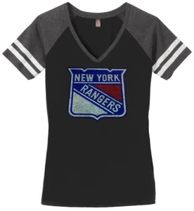 Women's New York Rangers NHL Ladies Bling T-Shirt V-neck Shirt Tee Sparkle - Picture 1 of 2