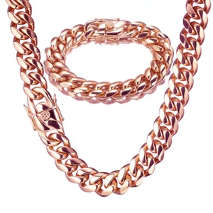 14mm Solid Stainless Steel Miami Cuban Chain Necklace Bracelet Rose Gold Jewelry - Picture 1 of 15