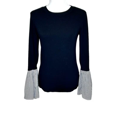 Suéter Halógeno Mujer Medio Negro Negro Blanco Rayas Campana Manga Volantes   Foto 1 de 4