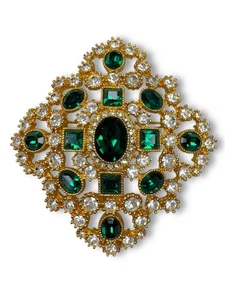 Joan Rivers Gold Tone Emerald Green Clear Swarovski Crystal Brooch - Picture 1 of 12