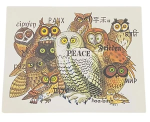 Tarjeta de felicitación de Navidad de búhos artistas estadounidenses de colección papelería paz sin usar - Imagen 1 de 4