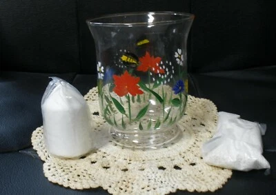 Vaso de vela votivo de vidro pintado à mão flores vermelhas abelha - Imagem 1 de 3