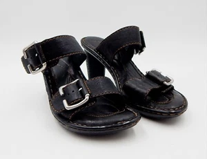 Born Arris Women's Black Leather Sandals Heeled Open Toe Buckles Size 8 - Picture 1 of 18