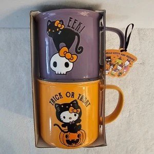 Hello Kitty 2er Set Halloween Keramik Tassen Lila Orange Kürbis Totenkopf Eek! Neu - Bild 1 von 8