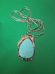 Vintage Herbert Tsosie Navajo Sterling & Turquoise Pendant. 2 1/2" X 1 3/4" - Foto 1 di 4