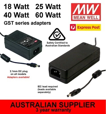 Адаптер MeanWell GST 18 Вт 25 Вт 40 Вт 60 Вт 5 В 7,5 В 9 В 12 В 15 В 18 В 24 В 28 В 48 В постоянного тока - Изображение 1 из 4