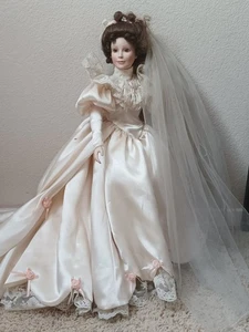 Vintage Signed Victorian Wedding Doll Bride 19" Satin Dress Veil Shoes Brown Eye - Picture 1 of 22