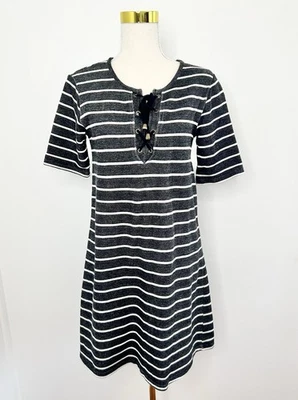 NOW Women's Black White Striped Knee Length Lace Up Half Sleeve Dress Size 10 - image 1 of 4